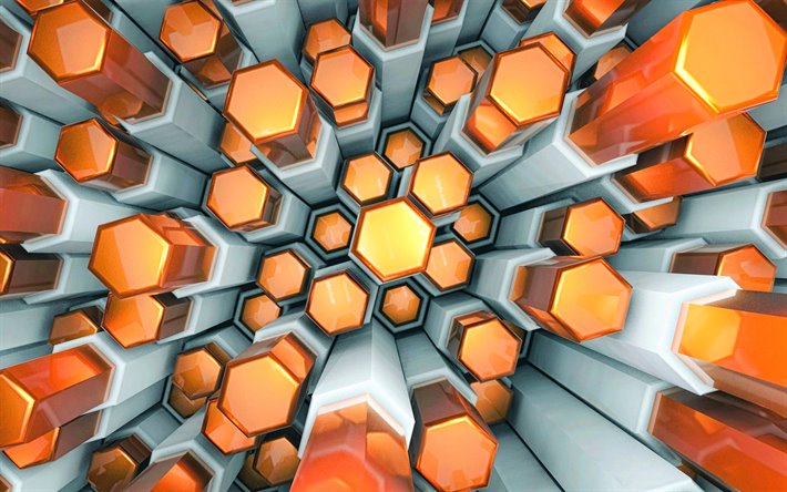 orange hexagons, 4k, 3D art, hexagon pattern, geometry, hexagons texture, orange hexagons texture, geometric shapes, hexagons