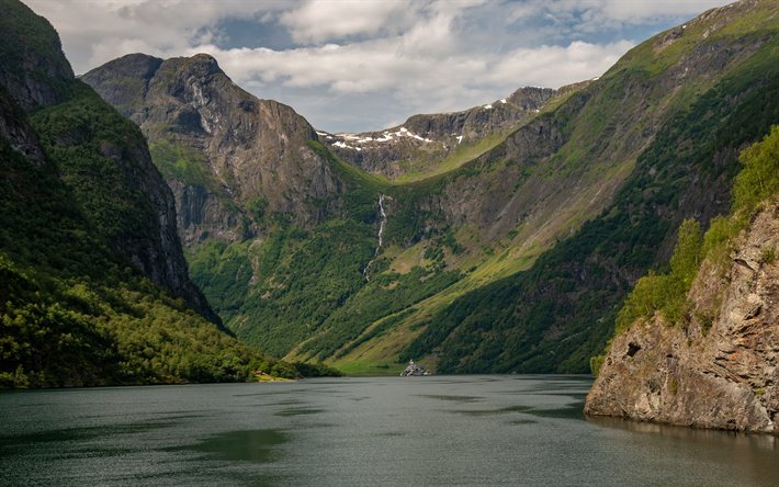 Sognefjord, mountain waterfall, mountain landscape, fjord, forest, mountains, Norwaу
