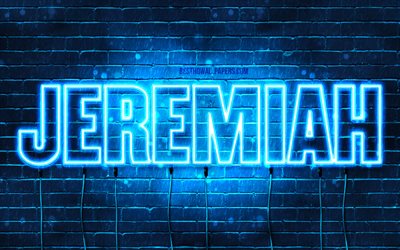 Jeremiah, 4k, taustakuvia nimet, vaakasuuntainen teksti, Jeremian nimi, blue neon valot, kuva Jeremian nimi