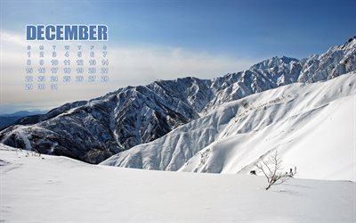 December 2019 calendar, snowy mountains, winter mountain landscape, 2019 calendar, December, winter, snow