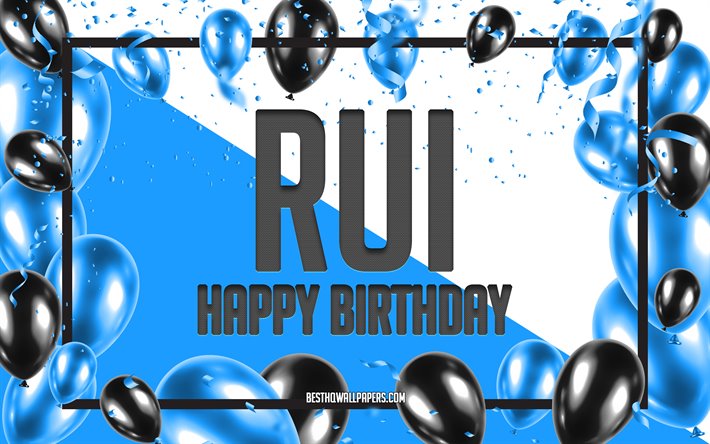 Happy Birthday Rui, Birthday Balloons Background, popular Japanese male names, Rui, wallpapers with Japanese names, Blue Balloons Birthday Background, greeting card, Rui Birthday
