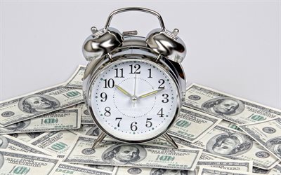 Time is money, silver alarm clock, money concepts, american dollars, finance concepts, money background, business