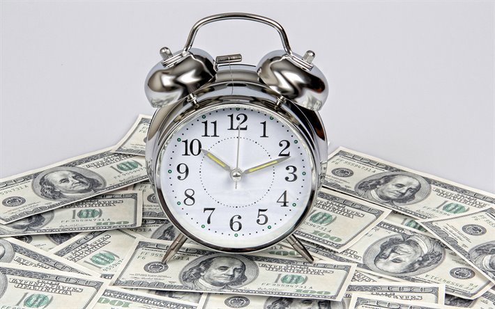 El tiempo es dinero, plata, reloj despertador, conceptos de dinero, d&#243;lares americanos, finanzas conceptos, el dinero de fondo, negocio