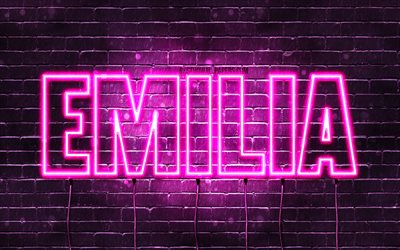 Emilia, 4k, wallpapers with names, female names, Emilia name, purple neon lights, horizontal text, picture with Emilia name