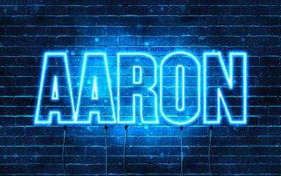 Aar&#243;n, 4k, fondos de pantalla con los nombres, el texto horizontal, Aar&#243;n nombre, luces azules de ne&#243;n, de la imagen con el nombre Aaron