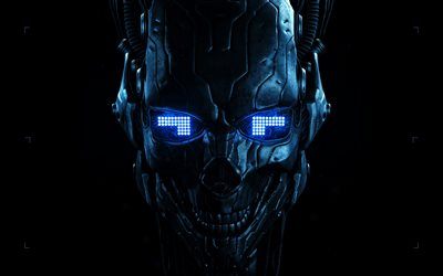 robot, cyber warrior, il buio, gli occhi blu, 3D, arte