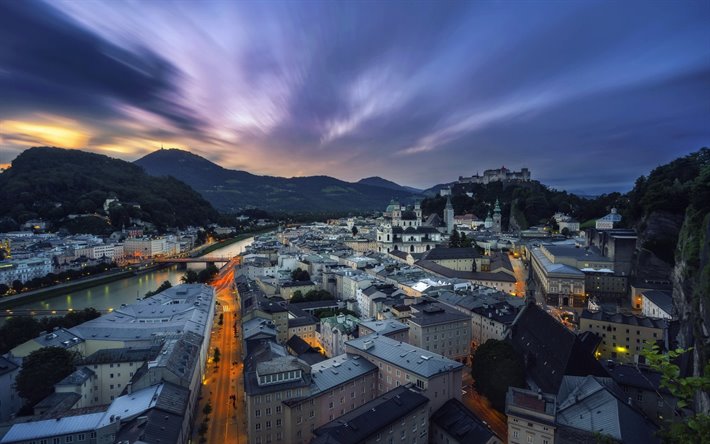 Hohensalzburg Fortress, Salzburg, evening, sunset, beautiful houses, Salzburg cityscape, landmark, Austria