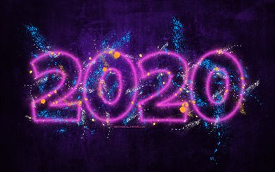 2020 paint splatter ziffern, 4k, grunge, gl&#252;ckliches neues jahr 2020, violett, hintergrund, 2020 neon art, 2020, konzepte, malen, spritzer, ziffern, 2020 auf violettem hintergrund, 2020 jahr ziffern