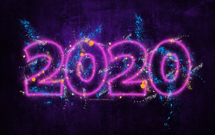 2020 بقع الطلاء أرقام, 4k, الجرونج, سنة جديدة سعيدة عام 2020, البنفسجي خلفية الجرونج, 2020 النيون الفن, 2020 المفاهيم, رذاذ الطلاء أرقام, 2020 على البنفسجي الخلفية, 2020 أرقام السنة