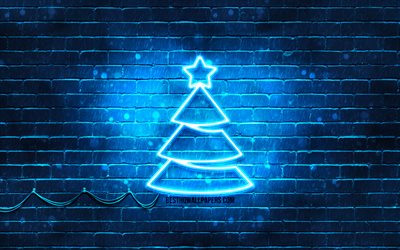 Blue neon Christmas Tree, 4k, blue brickwall, Happy New Years Concept, Blue Christmas Tree, Xmas Trees, Christmas Trees