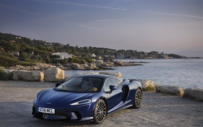 2019, A McLaren GT, azul supercarro, exterior, vista frontal, novo azul McLaren GT, britânica de carros esportivos, McLaren