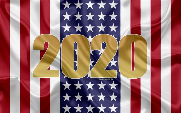 Happy New Year 2020, USA, 2020 USA, New Year 2020, 2020 concepts, USA flag, silk texture, white flag, American flag, Happy New Year USA