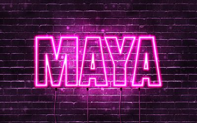 Maya, 4k, taustakuvia nimet, naisten nimi&#228;, Maya nimi, violetti neon valot, vaakasuuntainen teksti, kuva Maya nimi