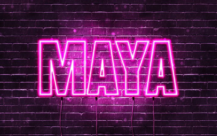 Maya, 4k, wallpapers with names, female names, Maya name, purple neon lights, horizontal text, picture with Maya name