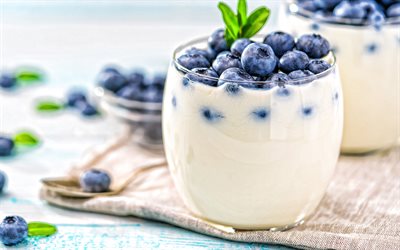blueberry yogurt, dairy products, yogurt, glass of white yogurt, blueberries, yogurt with berries