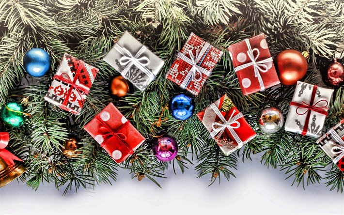 Feliz Navidad, bolas de colores, regalos de Navidad, decoraci&#243;n de a&#241;o nuevo, lollipop, Feliz A&#241;o Nuevo, decoraciones de navidad, a&#241;o Nuevo, conciertos, dulces de Navidad