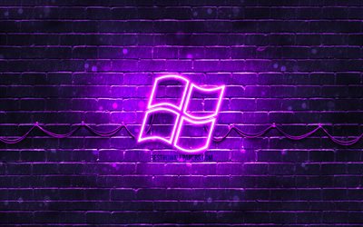 Windows紫ロゴ, 4k, 紫brickwall, Windowsロゴ, ブランド, Windowsネオンのロゴ, Windows