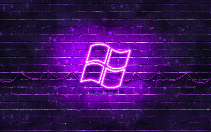 Windows violet logo, 4k, violet brickwall, Windows logo, brands, Windows neon logo, Windows