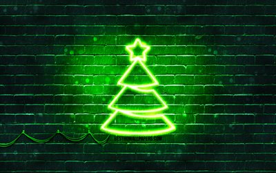 Green neon Christmas Tree, 4k, Green brickwall, Happy New Years Concept, Green Christmas Tree, Xmas Trees, Christmas Trees