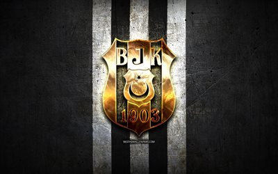Besiktas FC, golden logo, Turkish Super League, black metal background, football, Besiktas JK, Turkish football club, Besiktas logo, Super Lig, soccer, Turkey, BJK