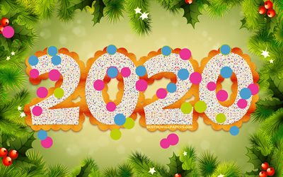 2020 cookies chiffres, 4k, bonne et Heureuse Ann&#233;e 2020, le no&#235;l des cadres, 2020 food art, 2020 concepts, des cookies chiffres, 2020 sur fond vert, l&#39;an 2020 chiffres