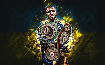 Vasyl Lomachenko, Ukrainian professional boxer, portrait, flag of Ukraine, Hi-Tech, World boxing champion, WBA, WBO, WBC, creative stone background
