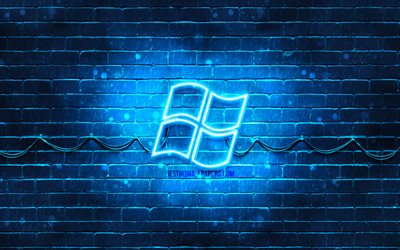 Windows blueロゴ, 4k, 青brickwall, Windowsロゴ, ブランド, Windowsネオンのロゴ, Windows