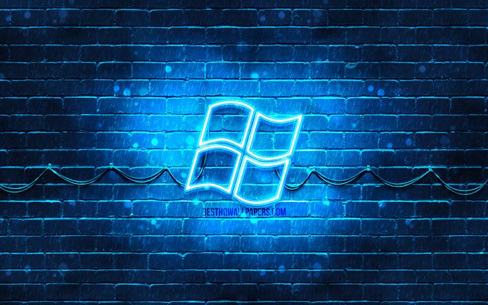 Windows logo bleu, 4k, bleu brickwall, Windows, le logo, les marques, Windows n&#233;on logo Windows