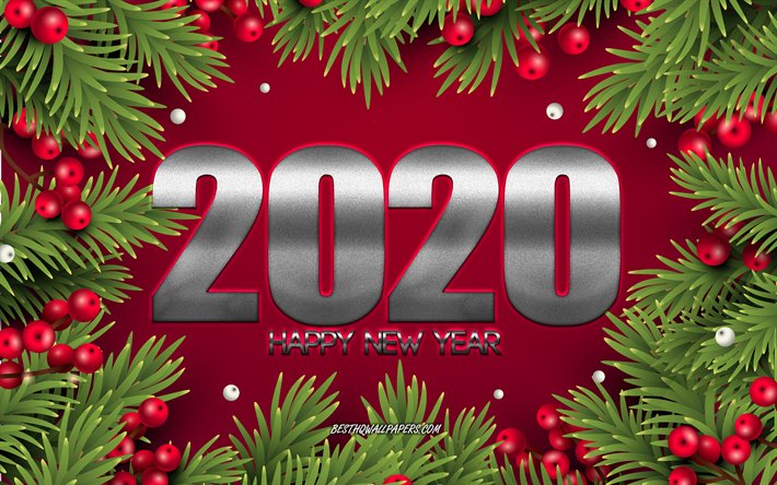 Felice Nuovo Anno 2020, Rosso, Natale, sfondo, rami, 2020 sfondo Rosso, Nuovo Anno 2020, 2020 concetti