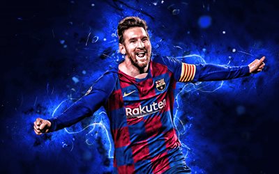 Lionel Messi, goal, Barcelona FC, argentinian footballers, joy, FCB, football stars, La Liga, Messi, 2019, Leo Messi, soccer, LaLiga, Spain, neon lights, Barca