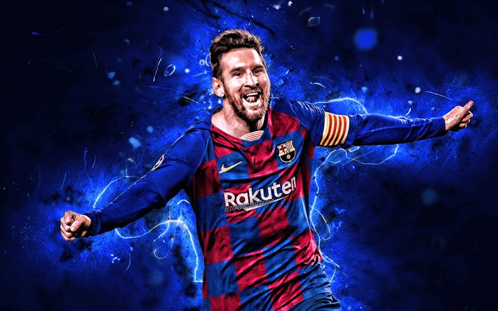 Lionel Messi, m&#229;l, FC Barcelona, argentinsk fotbollsspelare, gl&#228;dje, FCB, fotboll stj&#228;rnor, Ligan, Messi, 2019, Leo Messi, fotboll, LaLiga, Spanien, neon lights, Barca