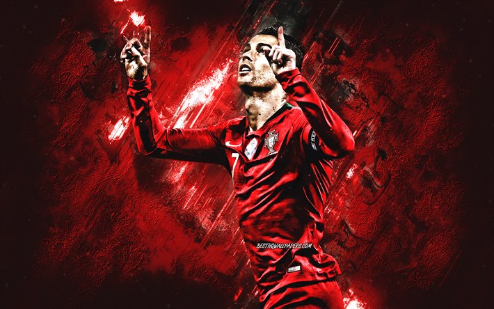 Cristiano Ronaldo, muotokuva, jalkapallo t&#228;hti, Portugalin jalkapalloilija, Portugalin jalkapallomaajoukkue, CR7, luova punainen kivi tausta, jalkapallo