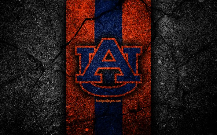 Tigers d’Auburn, 4k, &#233;quipe am&#233;ricaine de football, NCAA, pierre bleue orange, Etats-Unis, texture d’asphalte, football am&#233;ricain, logo d’Auburn Tigers