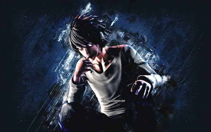L, Death Note, portrait, anime characters, japanese manga, Death Note characters, blue stone background, L Death Note