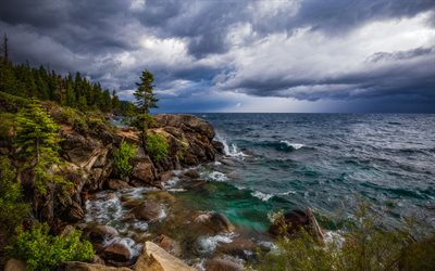 Тахо, Lake Tahoe, coast, storm, storm clouds, waves, California, USA