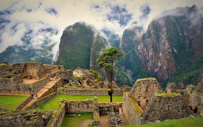 Machu Picchu, cidadela inca, ru&#237;nas, paisagem montanhosa, neblina, Distrito de Machupicchu, Peru, civiliza&#231;&#227;o inca