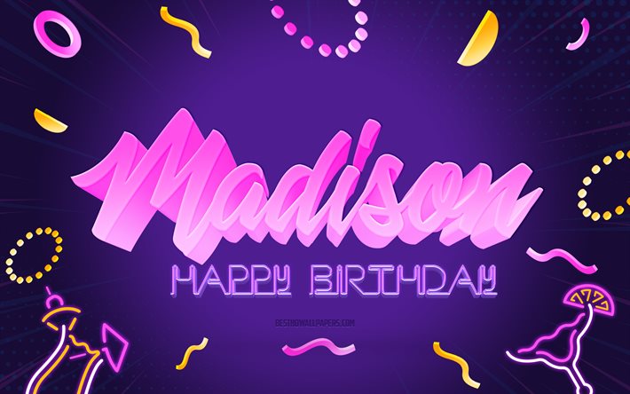 ハッピーバースデーマディソン, 4k, パープルマディソン背景, マディソン, クリエイティブアート, ハッピーマディソン誕生日, マディソン名, マディソンの誕生日, 誕生日パーティーの背景