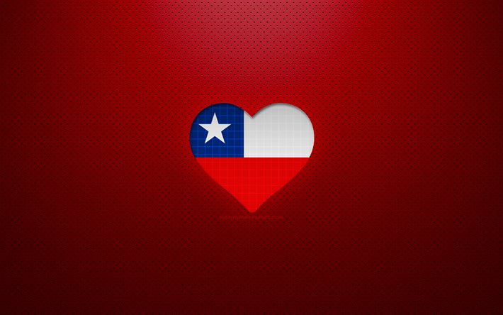 Amo il Cile, 4k, paesi sudamericani, sfondo rosso punteggiato, cuore di bandiera cileno, Cile, paesi preferiti, Amore Cile, bandiera cilena