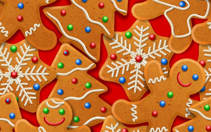 Textura de biscoitos de Natal, fundo de Ano Novo, fundo de Natal, biscoitos de Natal, fundo vermelho com biscoitos de Natal, textura de Natal