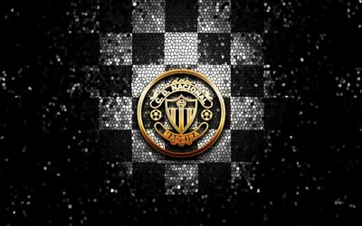 Nacional FC, glitter logo, Primeira Liga, black white checkered background, soccer, portuguese football club, Nacional logo, mosaic art, football, CD Nacional