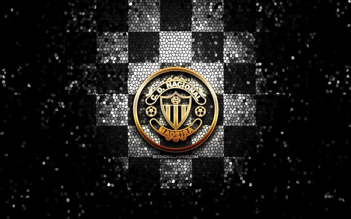 Nacional FC, logo glitter, Primeira Liga, sfondo a scacchi bianco nero, calcio, squadra di calcio portoghese, logo Nacional, arte mosaico, CD Nacional