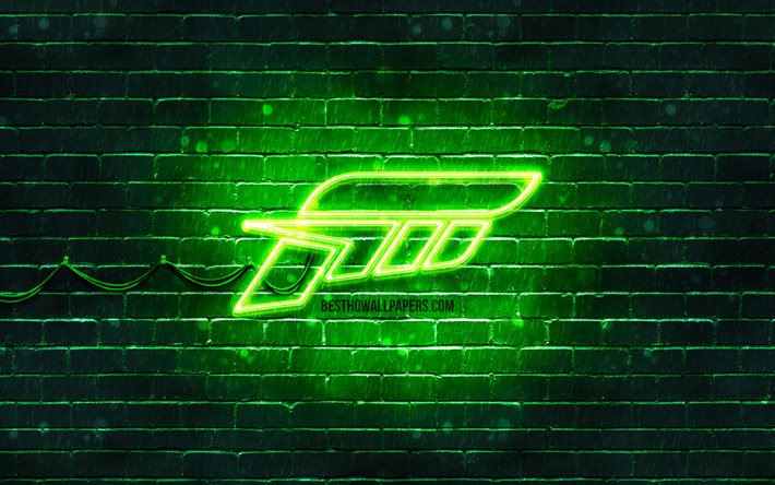 Logo forza verde, 4k, muro di mattoni verde, logo Forza, giochi 2020, logo al neon Forza, Forza