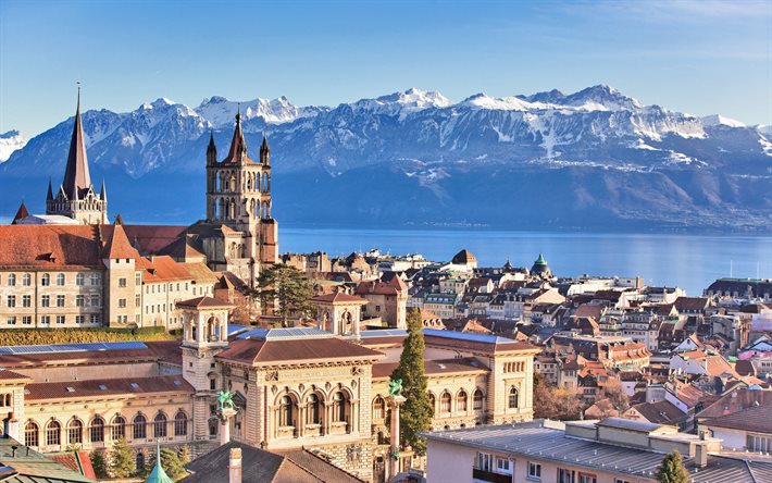 Lago di Ginevra, Losanna, mattina, alba, Alpi, paesaggio montano, Paesaggio urbano di Losanna, Svizzera