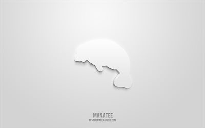Manatee 3d icon, white background, 3d symbols, Manatee, Animals icons, 3d icons, Manatee sign, Animals 3d icons