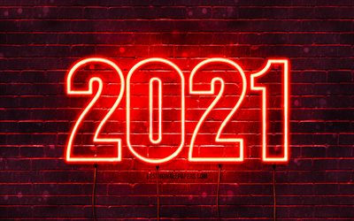 Happy New Year 2021, red brickwall, 4k, 2021 red neon digits, 2021 concepts, wires, 2021 new year, 2021 on red background, 2021 year digits