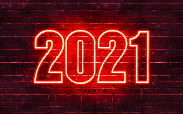 سنة جديدة سعيدة عام 2021, الأحمر brickwall, 4k, 2021 النيون الحمراء أرقام, 2021 المفاهيم, الأسلاك, 2021 السنة الجديدة, 2021 على خلفية حمراء, 2021 أرقام السنة