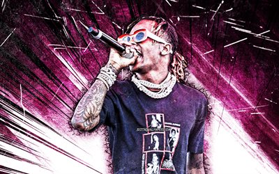 4k, Rich the Kid, grunge art, american rapper, music stars, Rich the Kid with microphone, violet abstract rays, Dimitri Roger, american celebrity, Rich the Kid 4K
