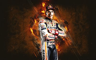 Marc Marquez, Repsol Honda Team, Spanish motorcycle racer, MotoGP, orange stone background, portrait, MotoGP World Championship