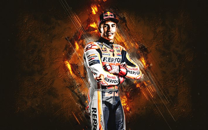 Marc Marquez, Repsol Honda Team, espanjalainen moottoripy&#246;r&#228;ilij&#228;, MotoGP, oranssi kivitausta, muotokuva, MotoGP World Championship