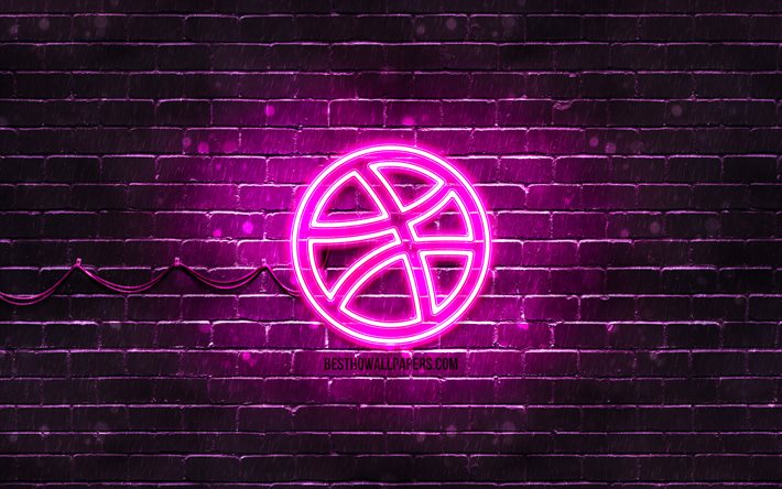 Dribbble violette logo, 4k, violet brickwall, Dribbble logo, les r&#233;seaux sociaux, Dribbble n&#233;on logo, Dribbble